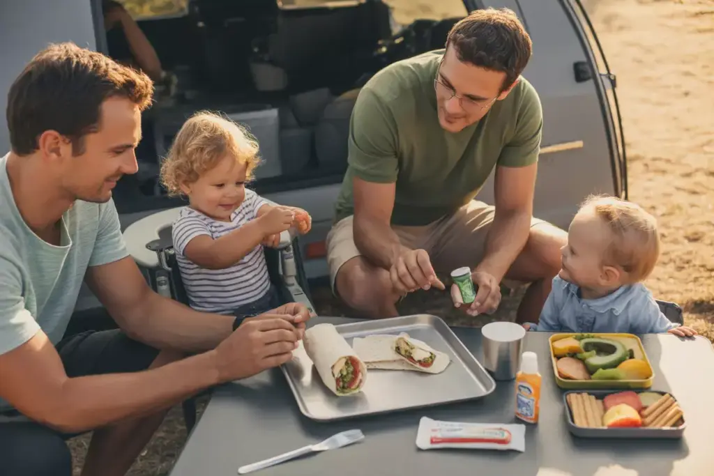Family Enjoying A Flexible Meal Routine At A Picnic Table During Camping