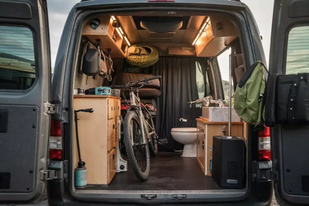 Garage Combo Van Layout With Bathroom And Adventure Gear Storage