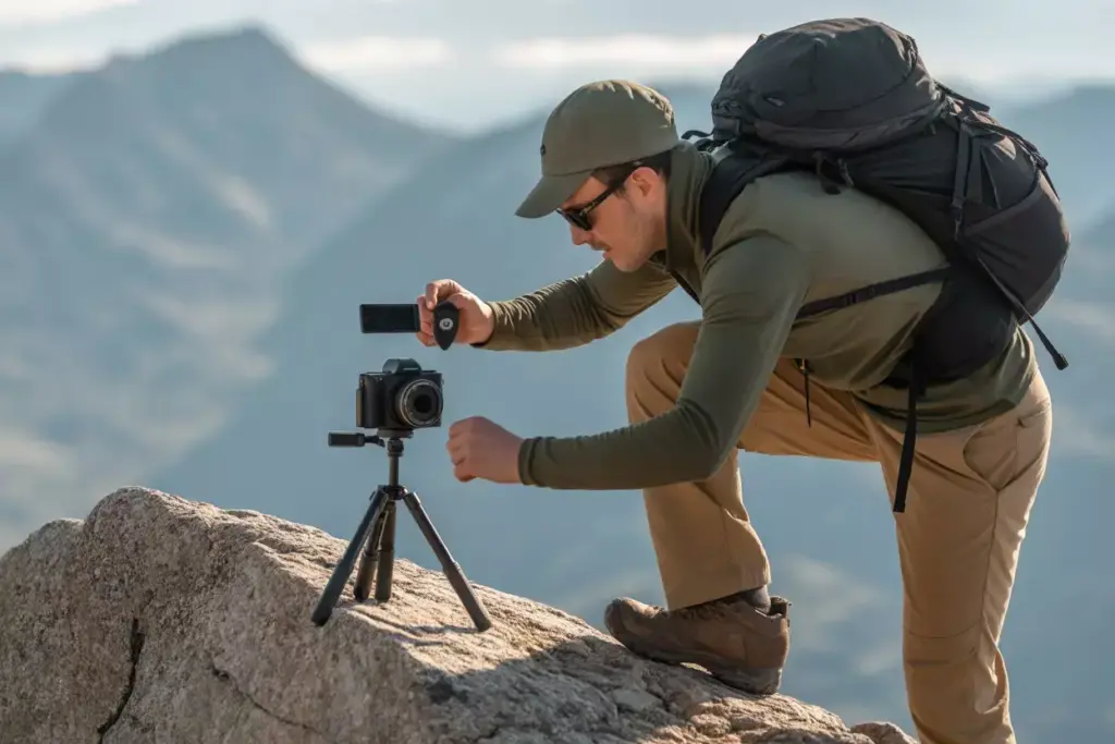 Hiker Setting Up Camera On Tripod For Summit Self Portrait