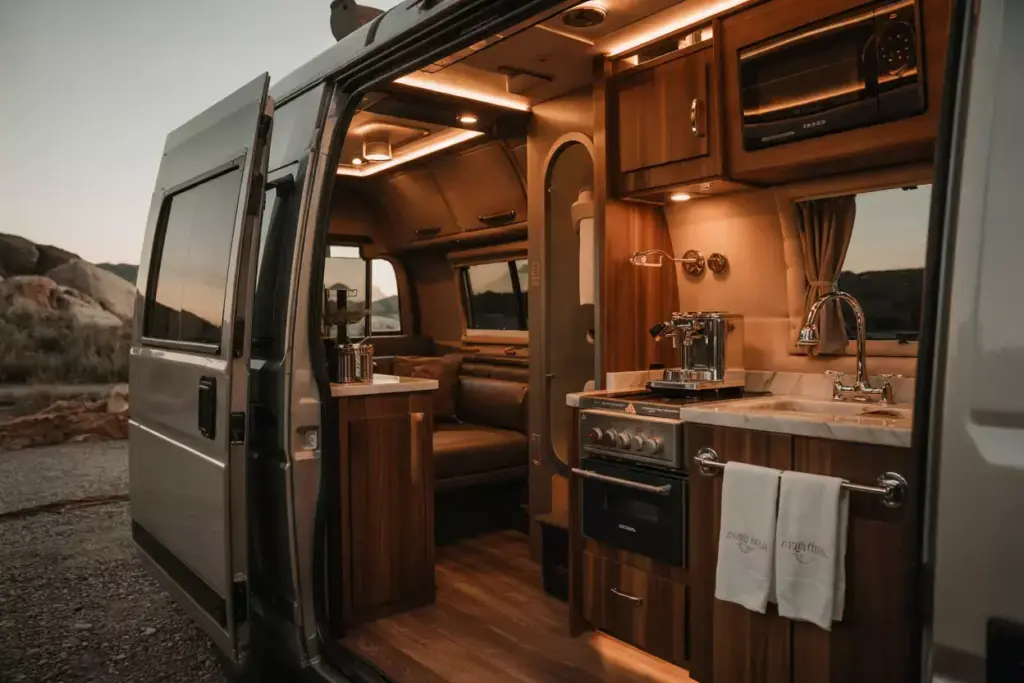 Luxury Glamping Van With Marble Countertops And High End Appliances