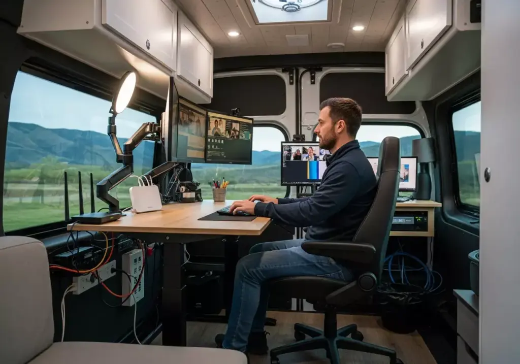 Mobile Office Van Interior With Ergonomic Desk Monitors And Tech Connectivity