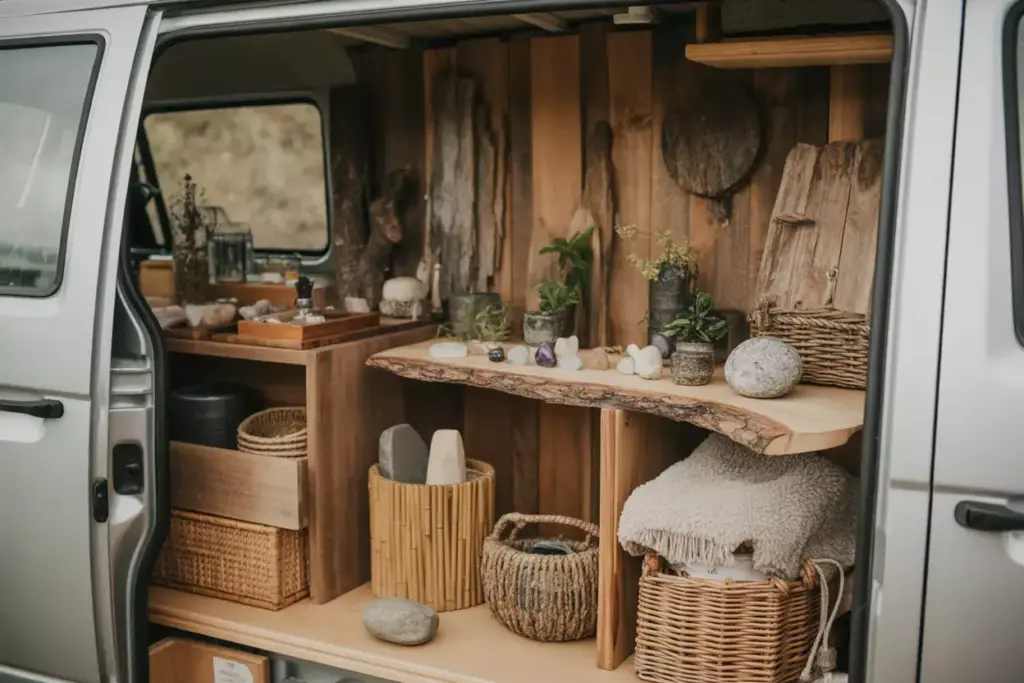 Natural Wood Shelving Driftwood Accents And Woven Baskets In Rustic Van Interior