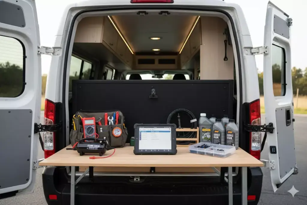 Organized Preventive Maintenance Toolkit And Digital Log Inside Campervan Garage