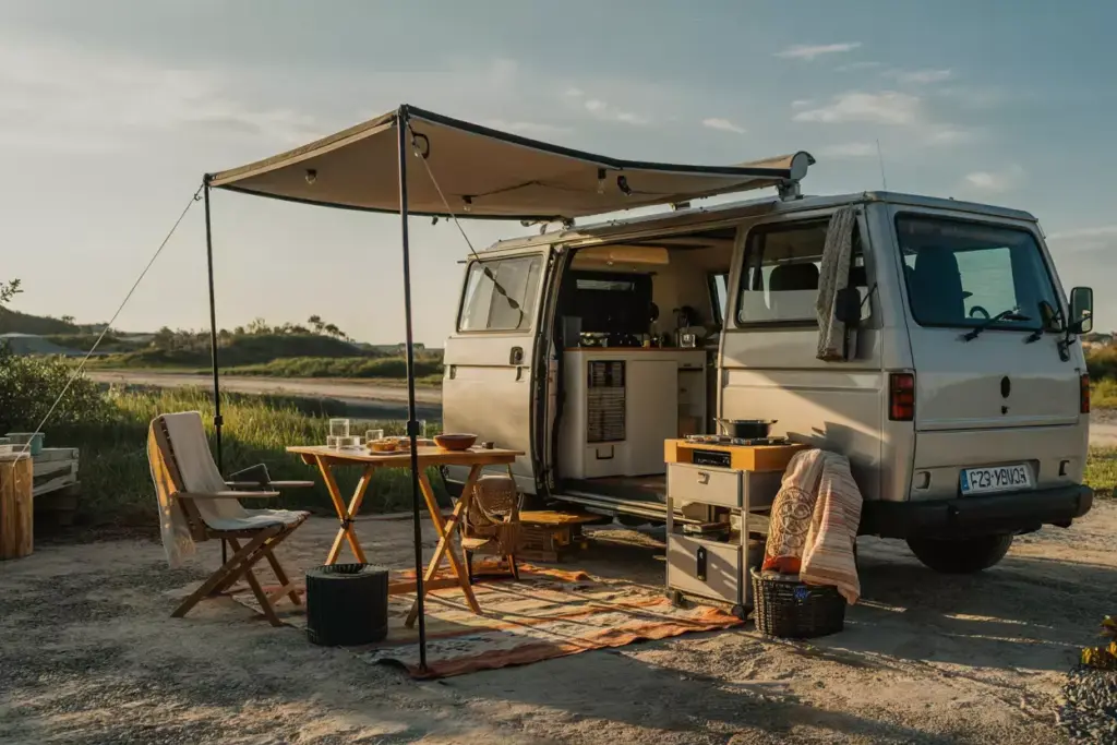 Outdoor Living Extension With Awning And Portable Furniture Extending Van Space