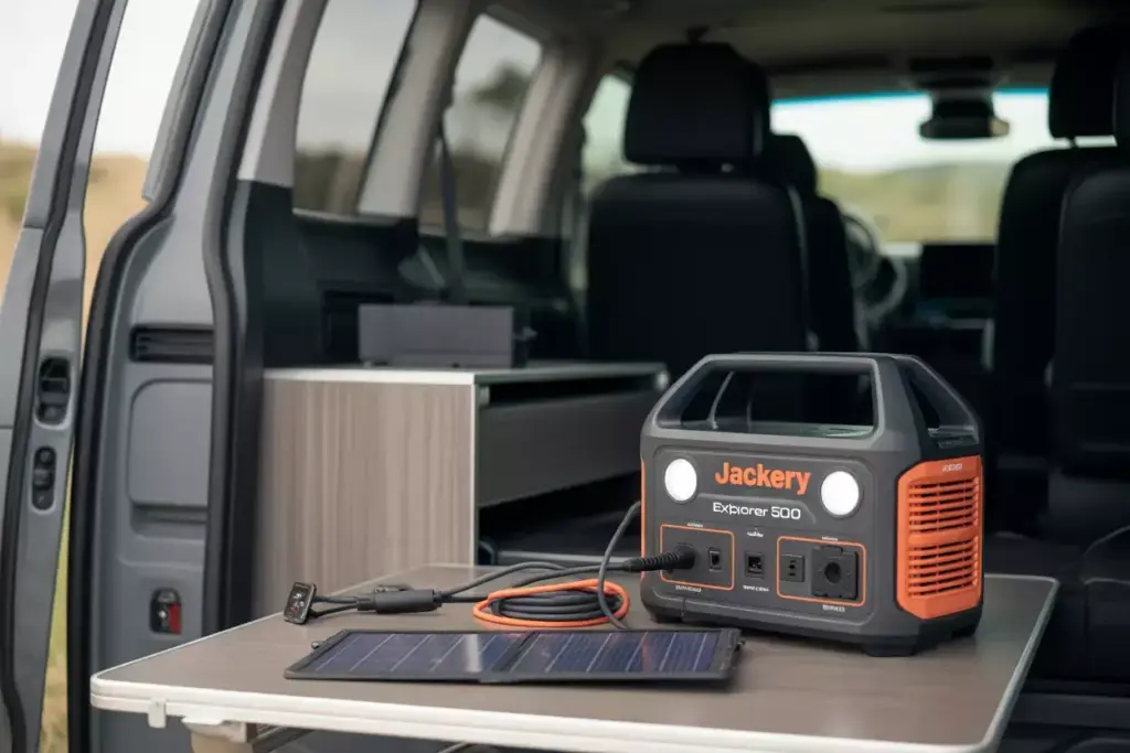 Portable Power Station Setup Inside Minivan Powering Led Lights Devices