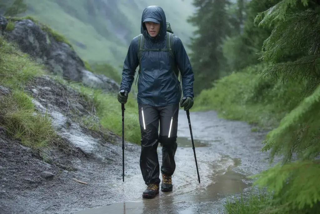 Rainy Season Trekker In Waterproof Jacket And Pants On Muddy Trail