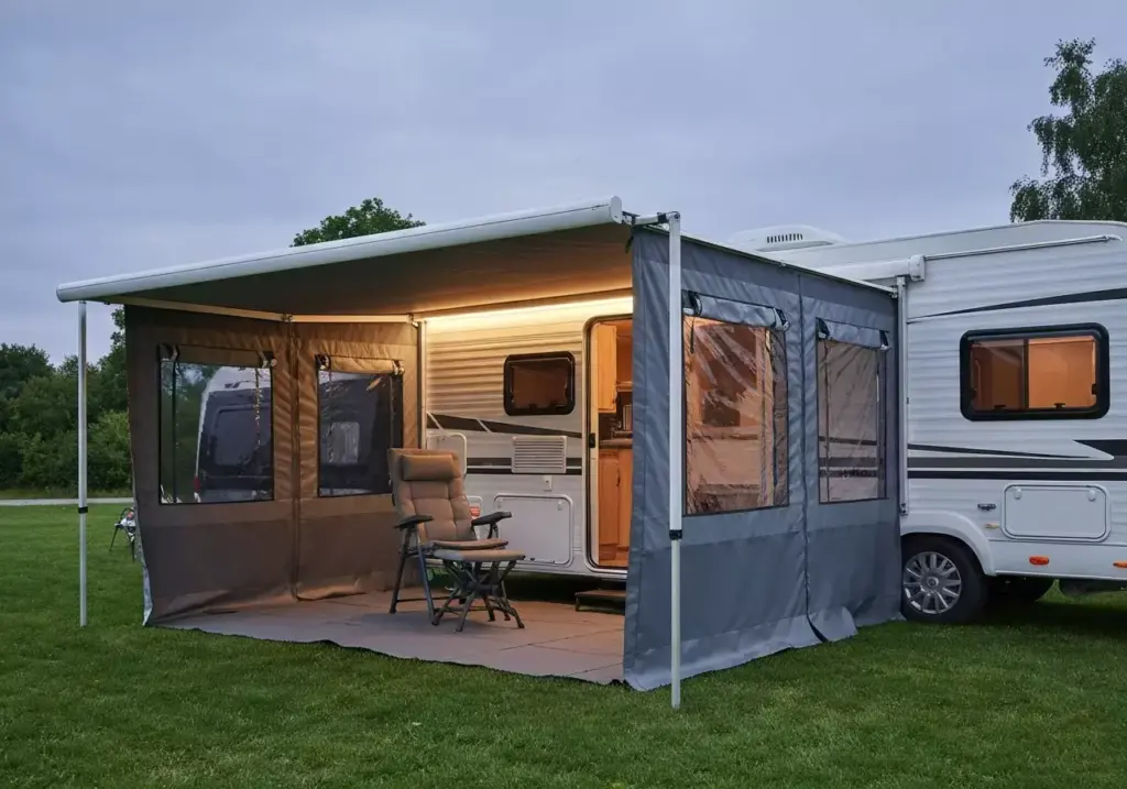 Retractable Awning With Side Panels Creating Outdoor Camper Room