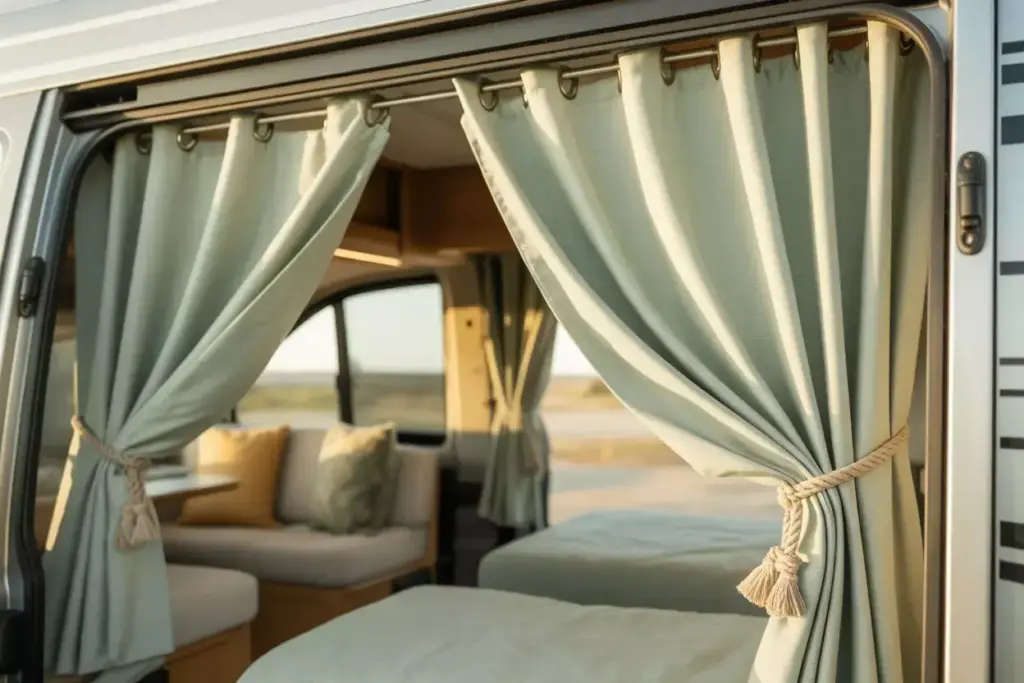 Rv Interior With Curtains Tension Rods Creating Privacy And Cozy Spaces