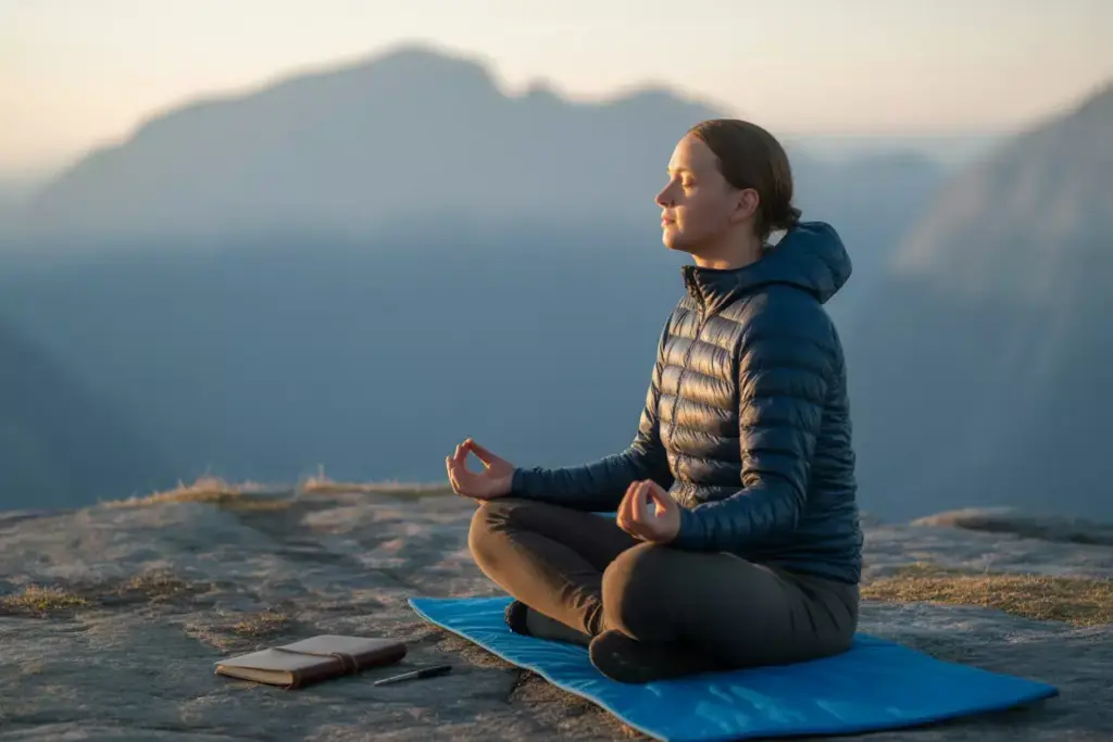 Solo Meditation At Mountain Campsite With Journal And Natural Surroundings