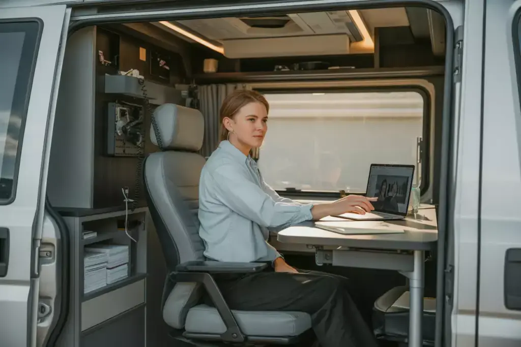 Solo Professional Van Layout With Dedicated Workspace And Ergonomic Office Setup