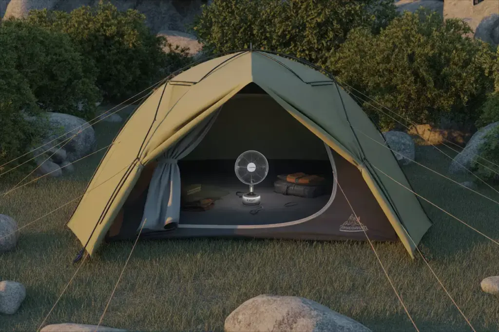 Stabilized Tent With Extra Guy Lines Natural Windbreaks And White Noise Fan System