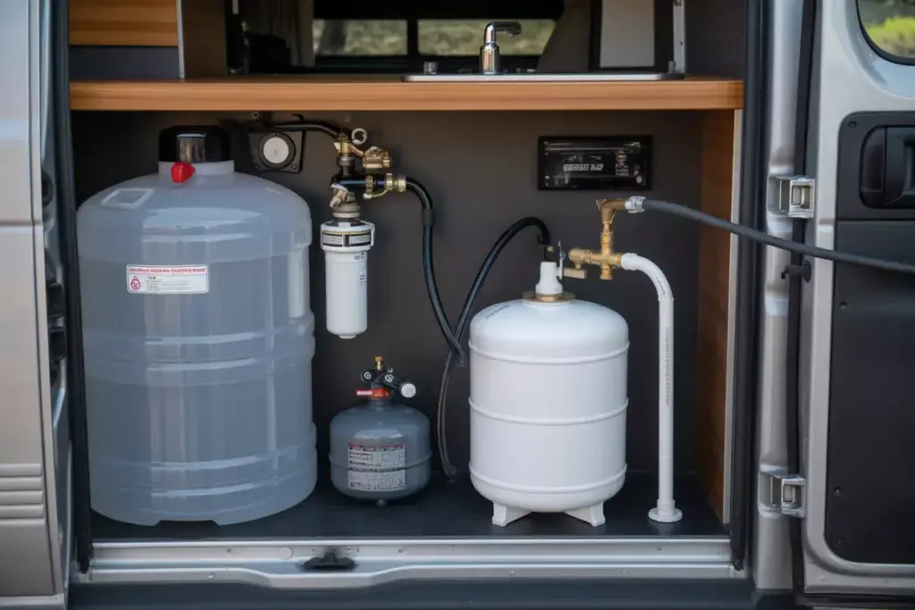 Van Water System With Storage Tanks Filter Heater And Foot Pump Faucet For Conservation
