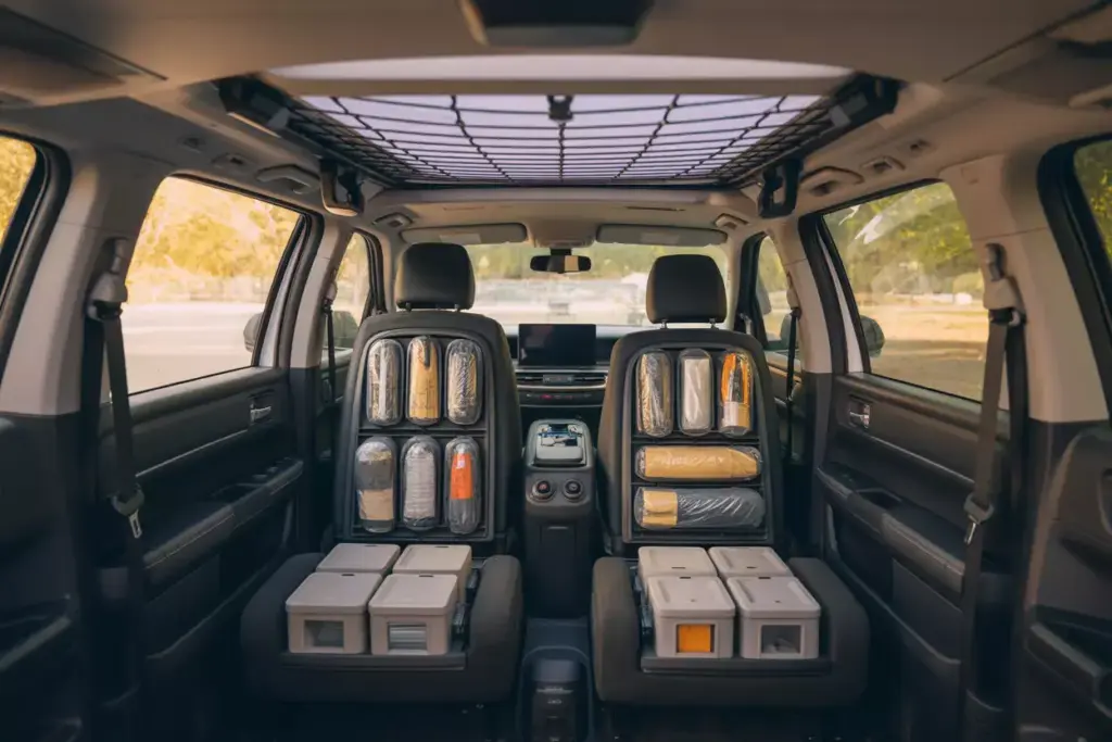 Vehicle Interior Camping Storage With Organizers Nets And Locked Compartments
