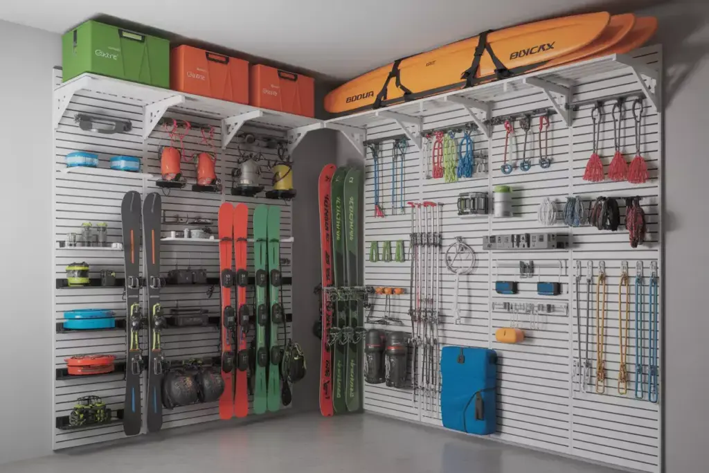 The Modular Wall Mounted System Featuring Pegboard Slatwall And Various Gear Hooks