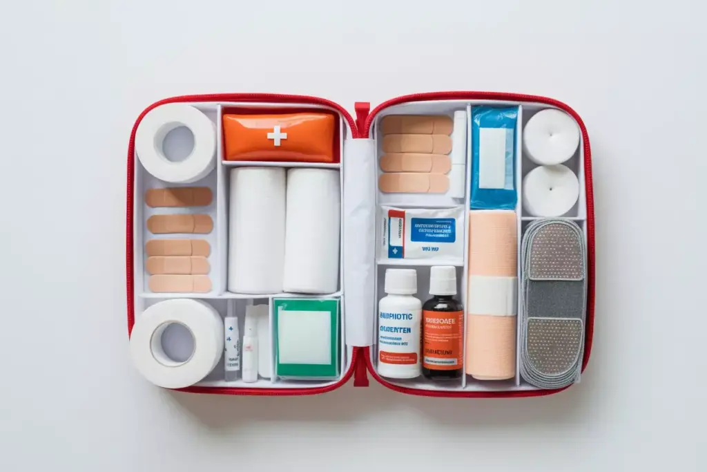 Open Compact First Aid Kit With Bandages Gauze And Emergency Blanket