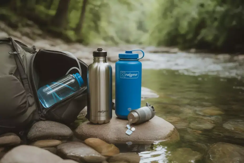 Nalgene Bottle Insulated Bottle And Water Filter By A Mountain Stream