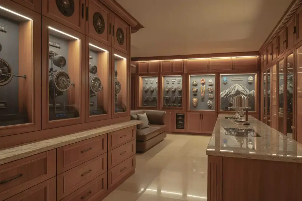 Luxury Custom Built In Gear Room With Premium Materials And Display Cases
