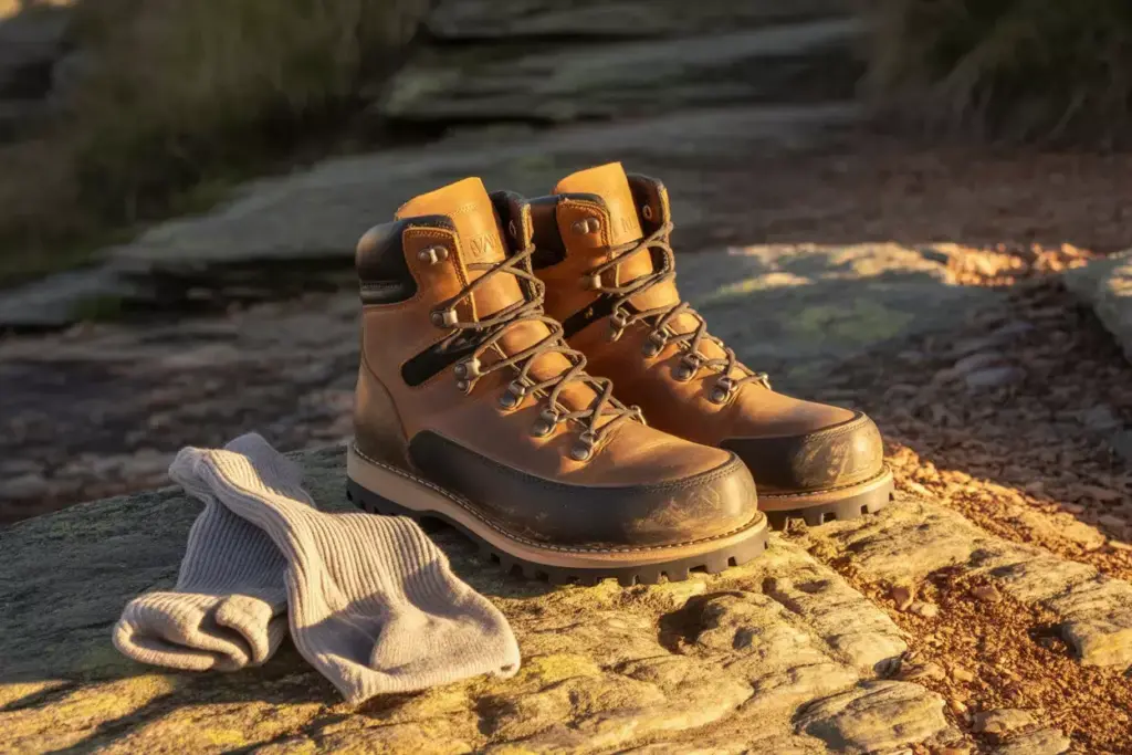 Sturdy Hiking Boots And Wool Socks On A Rocky Trail Surface