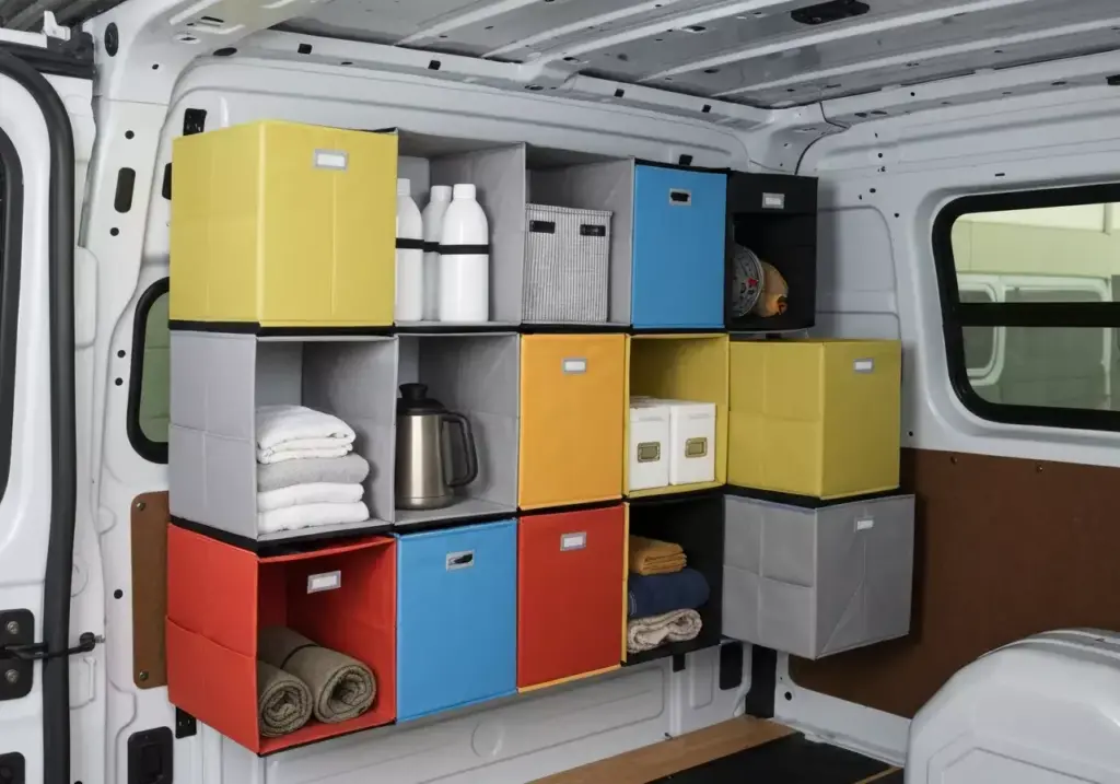 6b Modular Storage Cube System In Van With Stacked Fabric Bins And Removable Cubes