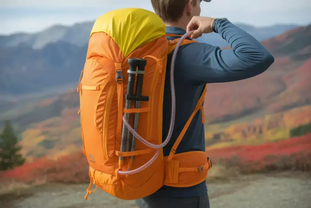 Hiker Adjusting A Technical Daypack With Hip Belt At Trailhead