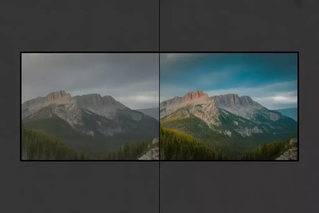 Side By Side Comparison Of Raw And Professionally Edited Mountain Landscape Photograph