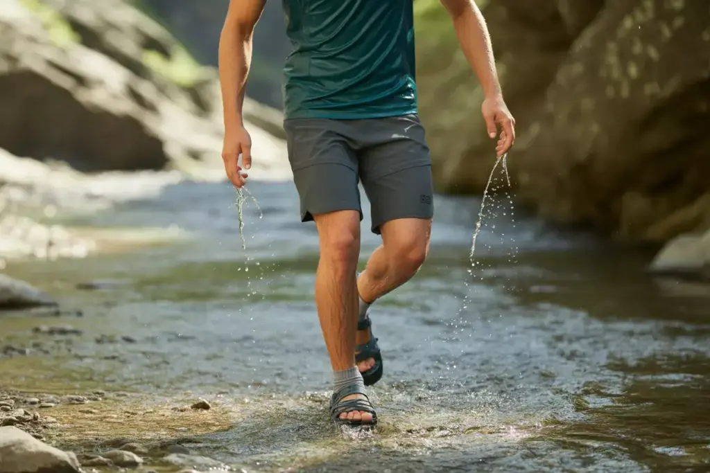 The Quick Dry Adventure System Hiker Crossing Stream In Water Ready Outfit