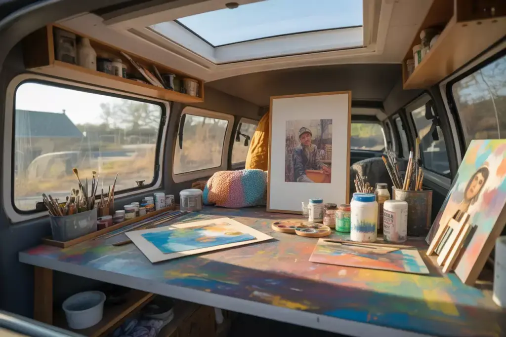 Artisan Studio Van Layout With Creative Work Surface Natural Light And Art Supplies