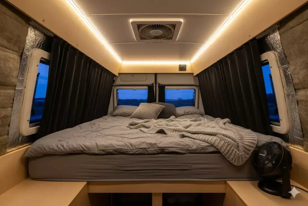 Campervan Bedroom With Climate Control Vent Blackout Curtains And Memory Foam Mattress