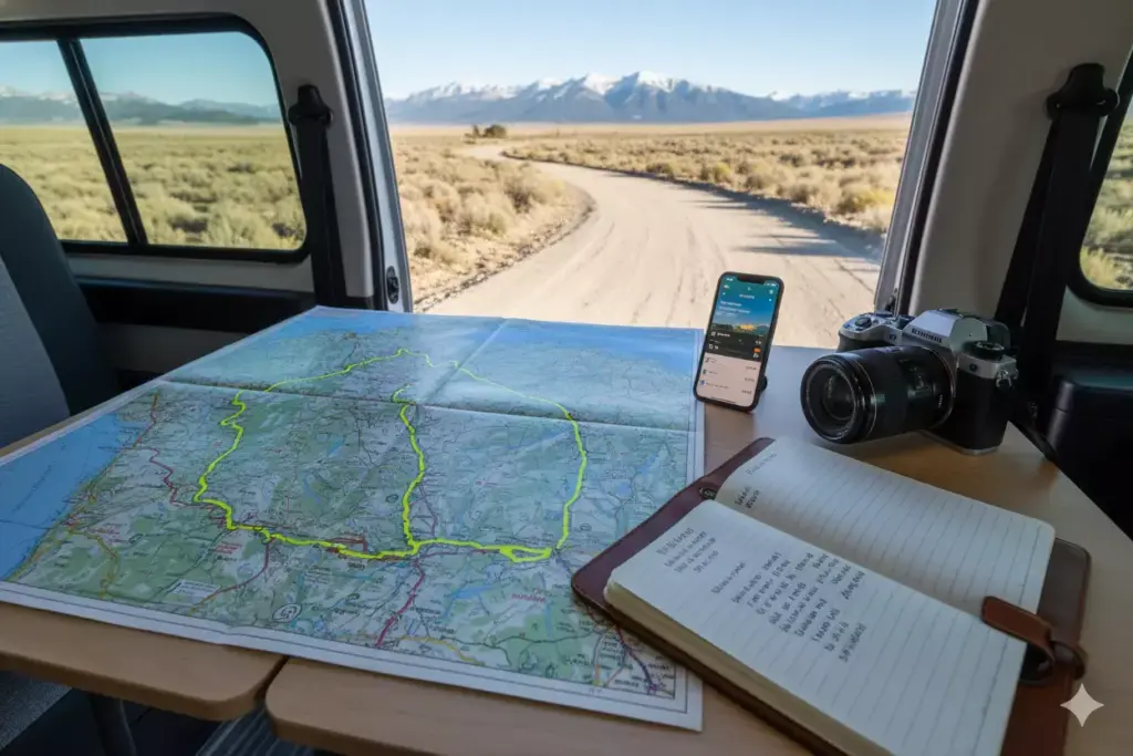 Campervan Interior With Map And Devices Planning A Scenic Nomadic Route