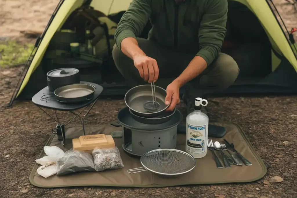 Campsite Cooking Area Cleanup With Dish Washing Grease Strainer And Waste Management