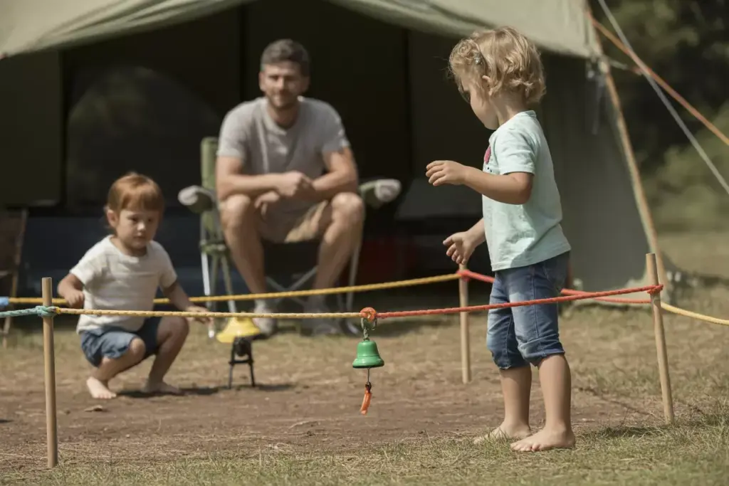 Children Playing Within Colorful Rope Boundary While Parent Relaxes At Campsite