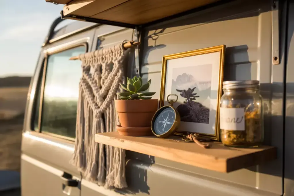 Close Up Of A Curated Shelf With Personal Items And Plants In A Camper Van
