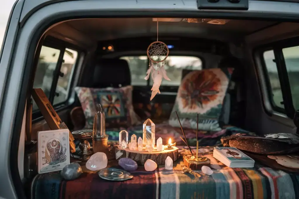 Crystal Collection Dreamcatcher And Incense On Wooden Altar In Van