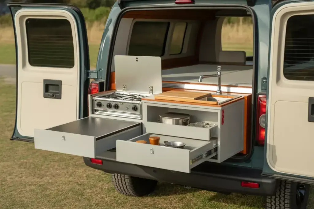 External Slide Out Kitchen Galley For Outdoor Camper Cooking