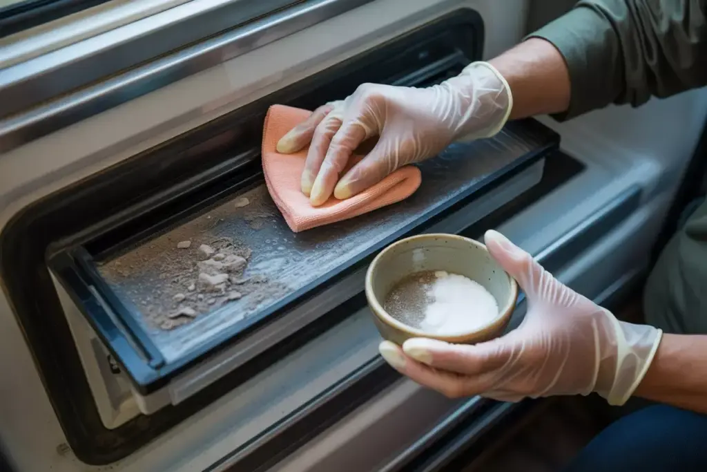 Hands Cleaning Caravan Fridge Door Seal With Baking Soda Solution During Maintenance
