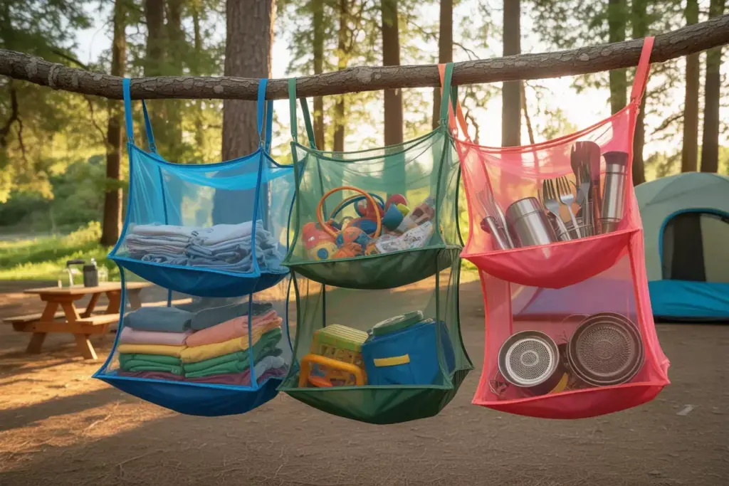Mesh Laundry Bags Hanging At Campsite Filled With Clothes Toys And Gear