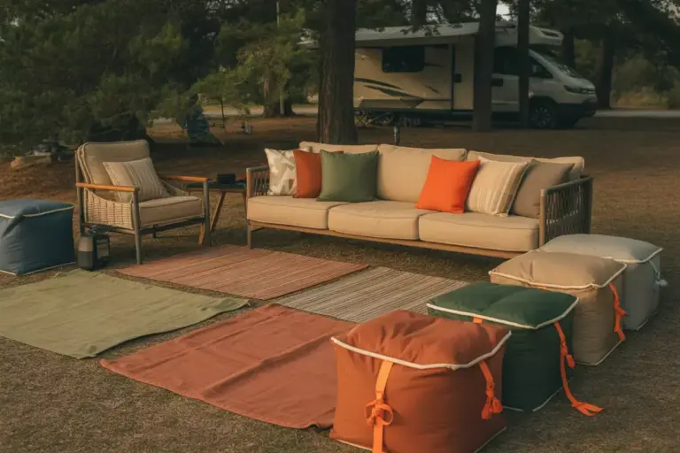 Outdoor Camping Comfort With Layered Rugs Cushions And Weatherproof Accessories