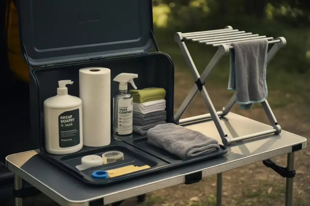 Portable Campsite Cleaning Station With Soap Towels And Drying Rack