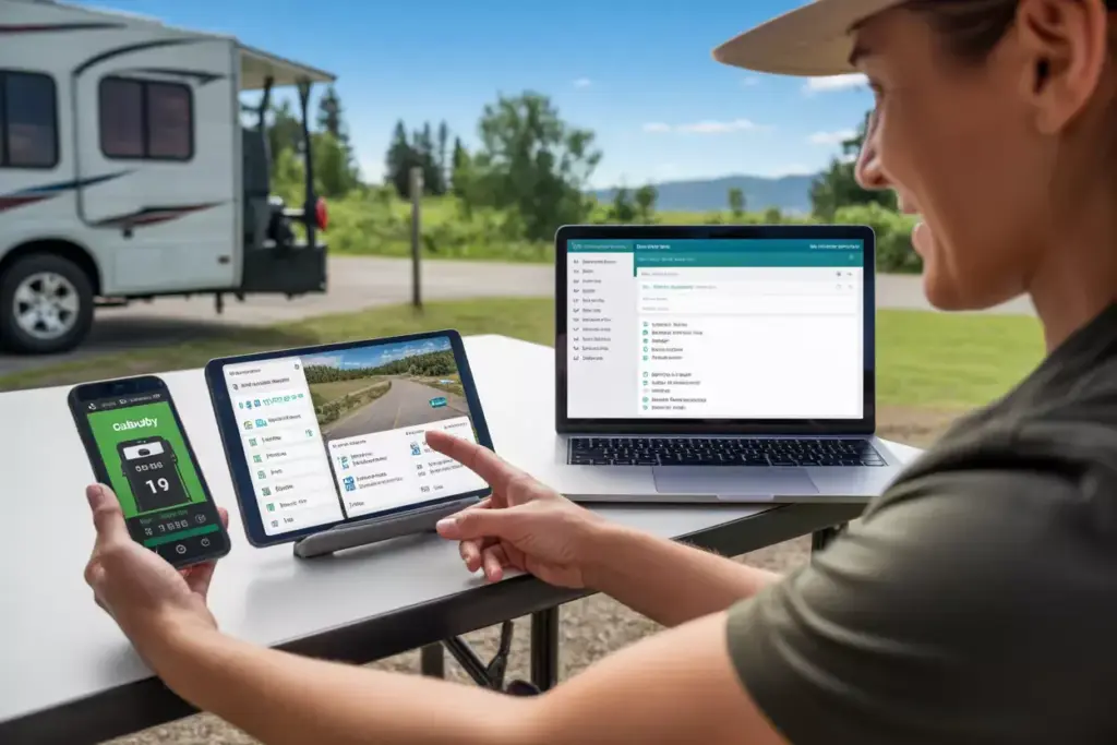 Rver Using Smartphone And Tablet With Camping Apps At Picnic Table Outdoors