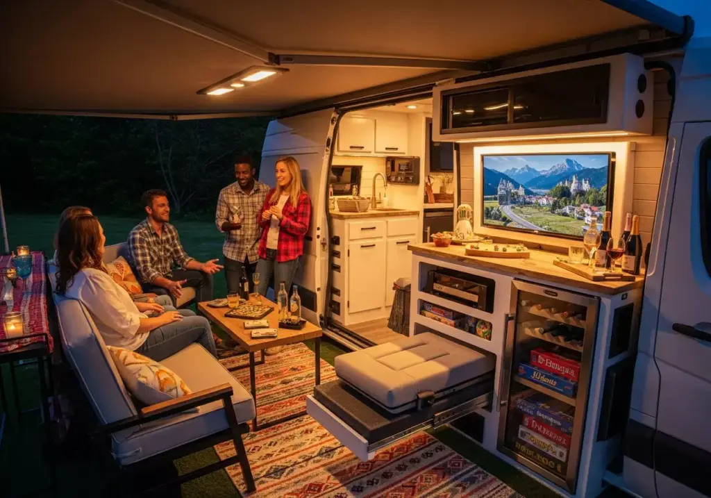 Social Hub Van Interior With Expandable Seating Outdoor Kitchen And Entertainment Center