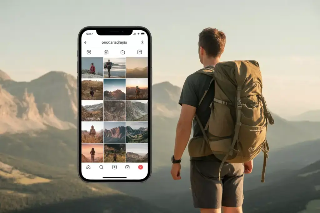 Split Screen Of Curated Instagram Feed And Hiker With Mountain View