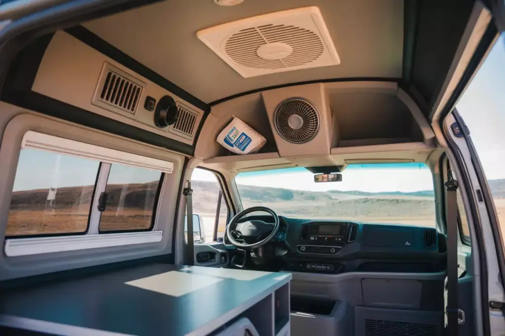 Van Interior With Ceiling Fan Diesel Heater Vent And Reflective Window Covers For Climate Control