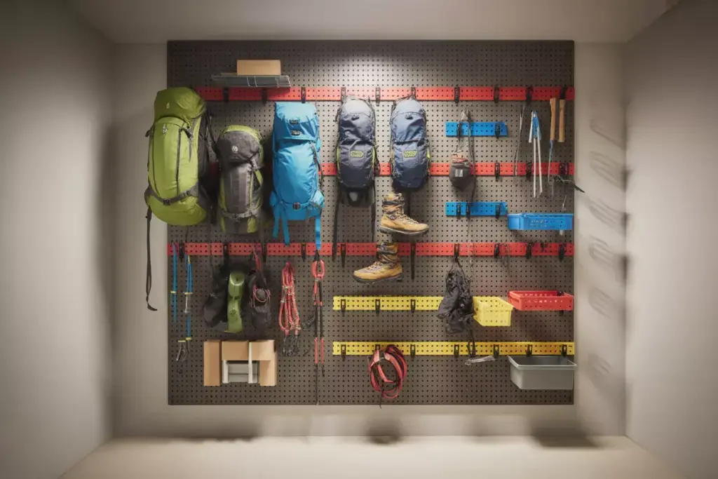 Wall Mounted Pegboard System With Color Coded Hooks Holding Backpacks Boots And Various Gear In A Garage