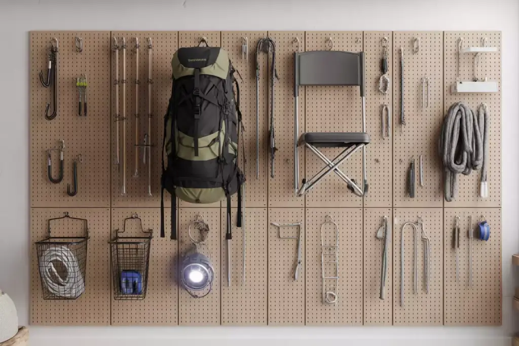 Pegboard Wall Organization System With Hooks Backpack Camp Chair Baskets And Tool Outlines