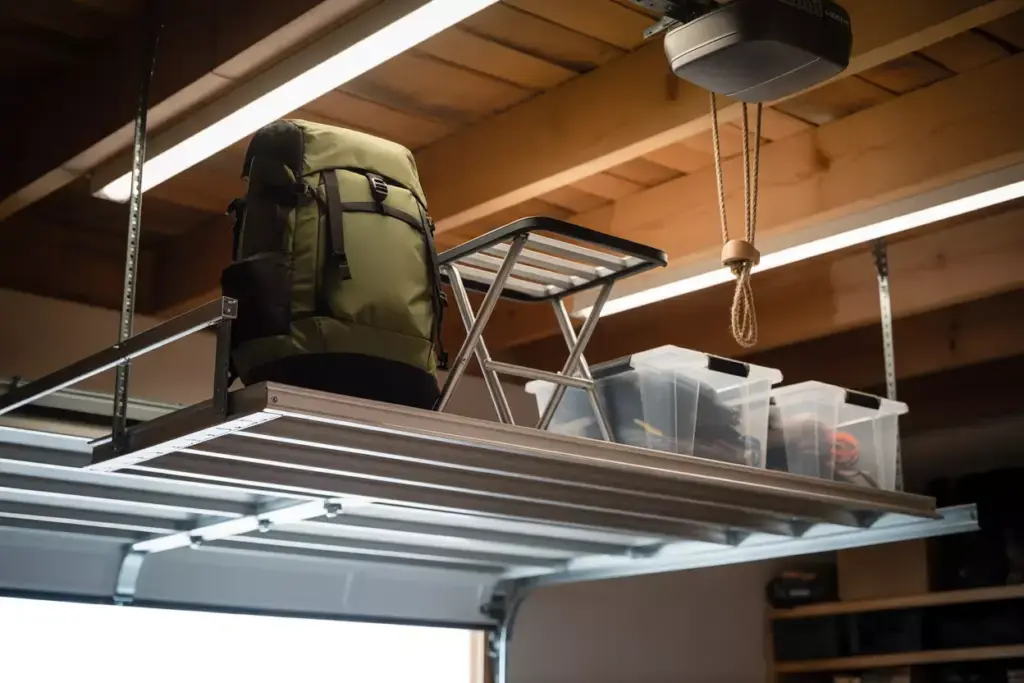 Overhead Garage Storage Platform With Pulley System Holding A Backpack And Camping Chair