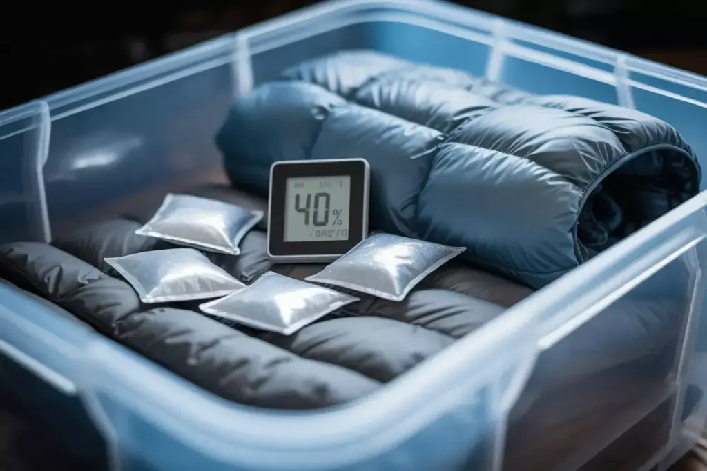 Interior Of Sealed Storage Bin With Silica Gel Packets Hygrometer And Sleeping Bag
