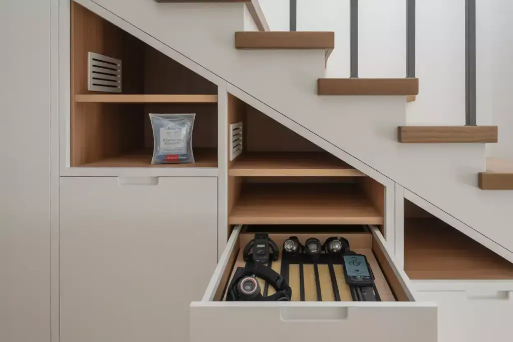 Custom Under Stair Storage With Slanted Shelves And Pull Out Drawers For Gear