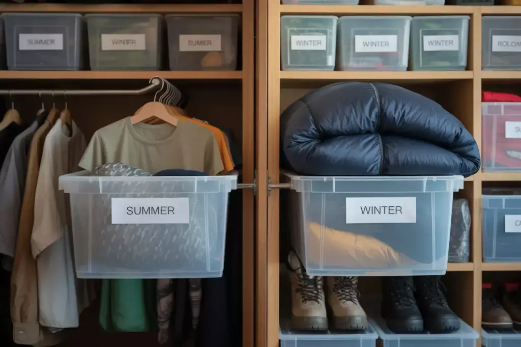 Side By Side Storage Zones Showing Summer Gear On Prime Shelf And Winter Gear Stored Higher