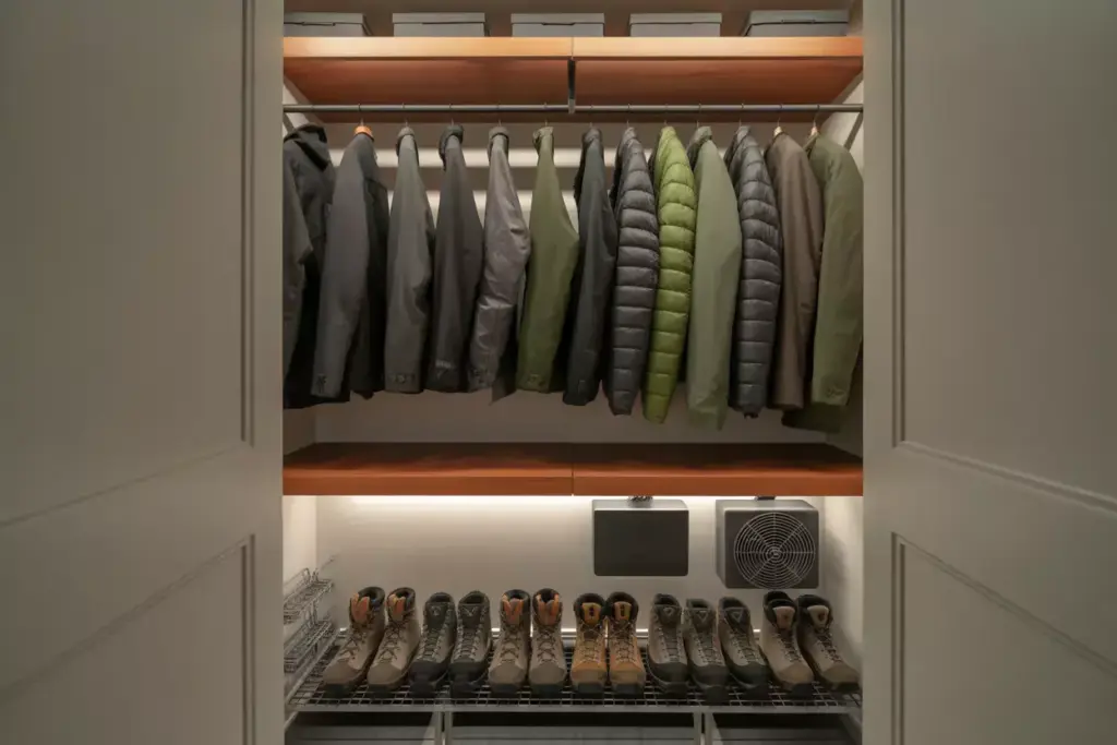 Dedicated Gear Closet With Double Rods Cedar Shelves And Ventilated Boot Storage