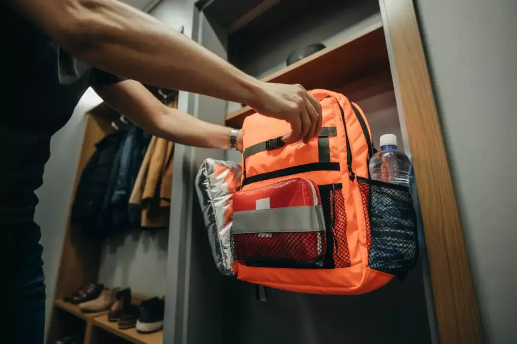 Hands Grabbing A Pre Packed Go Bag With First Aid Kit From A Dedicated Shelf